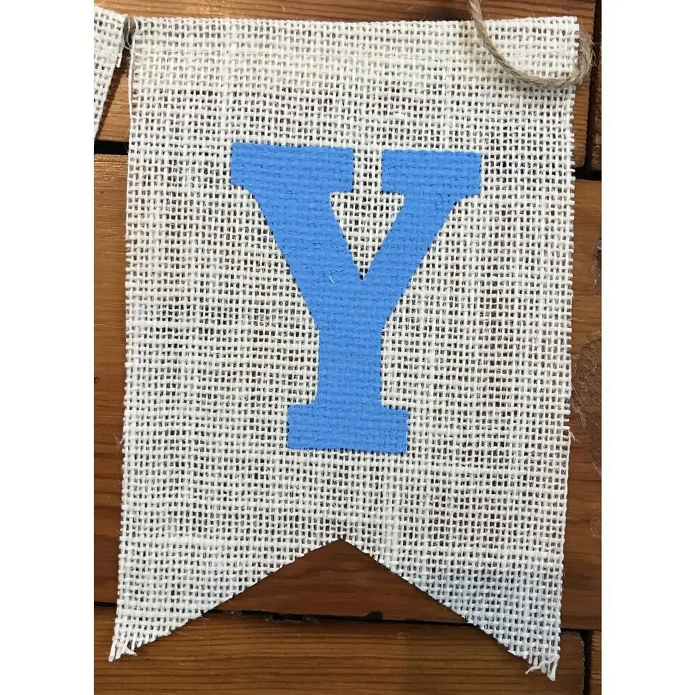 Vintage Style Baby Blue Burlap Flags Happy Birthday Banner Sign
